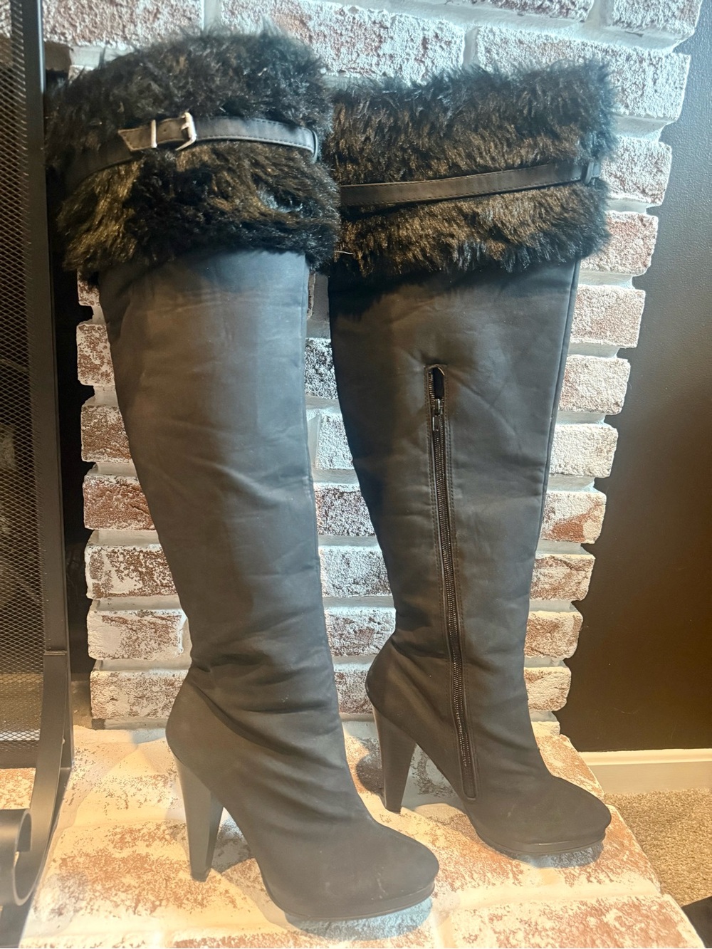 Black Over-the-Knee Faux Fur Cuff Heeled Boots. Size 8.5